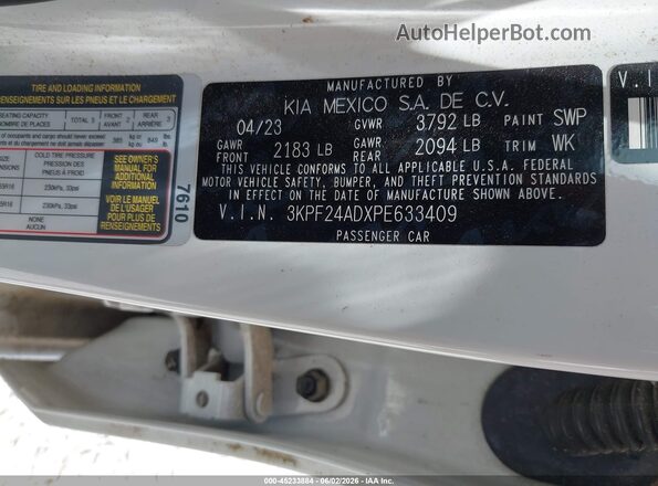 3KPF24ADXPE633409 2023 KIA FORTE White Engine compartment view