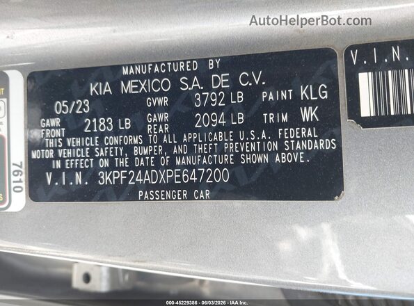 3KPF24ADXPE647200 2023 KIA FORTE Gray Շարժիչի բաժամունքի տեսք