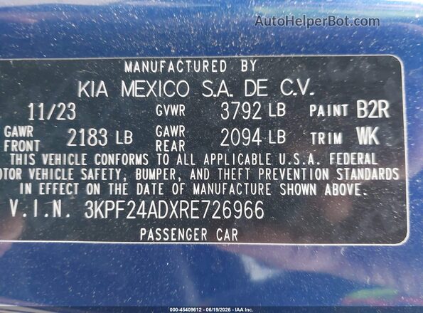 3KPF24ADXRE726966 2024 KIA FORTE Blue ძრავის განყოფილების ხედი