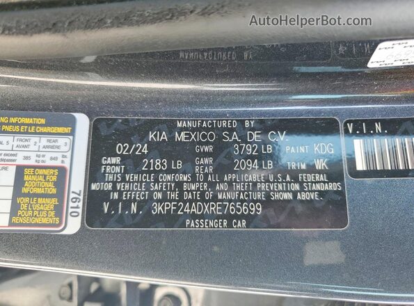 3KPF24ADXRE765699 2024 KIA FORTE Gray VIN կոդի պիտակի տեսք