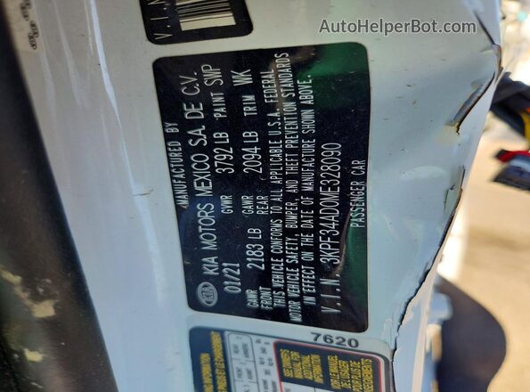 3KPF34AD0ME328090 2021 KIA FORTE White VIN კოდის სტიკერის ხედი