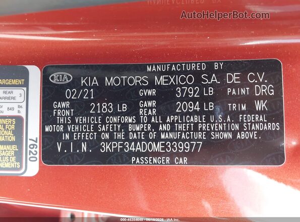 3KPF34AD0ME339977 2021 KIA FORTE Orange ძრავის განყოფილების ხედი