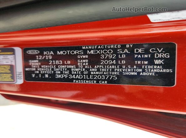 3KPF34AD1LE203775 2020 KIA FORTE Orange 