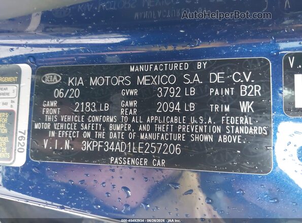 3KPF34AD1LE257206 2020 KIA FORTE Blue Vista del compartimento del motor