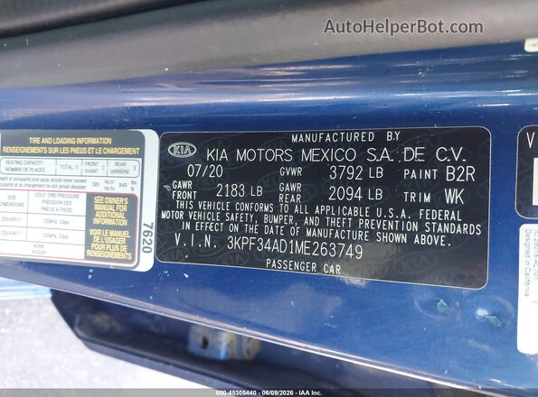 3KPF34AD1ME263749 2021 KIA FORTE Blue Շարժիչի բաժամունքի տեսք