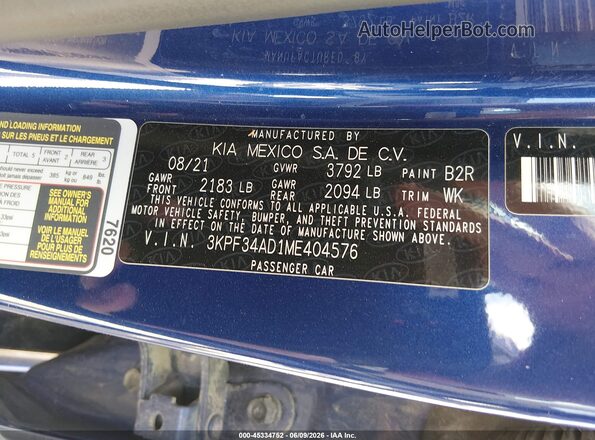 3KPF34AD1ME404576 2021 KIA FORTE Blue Widok komory silnika