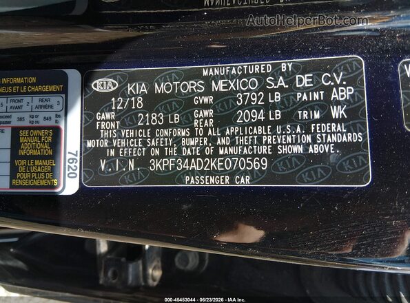 3KPF34AD2KE070569 2019 KIA FORTE Black Vista del compartimento del motor