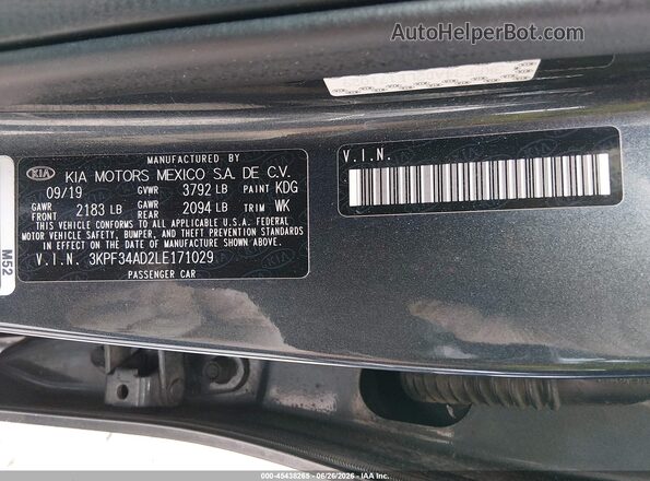 3KPF34AD2LE171029 2020 KIA FORTE Gray Vista del compartimento del motor