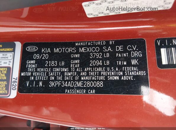 3KPF34AD2ME280088 2021 KIA FORTE Orange Вид підкапотного простору