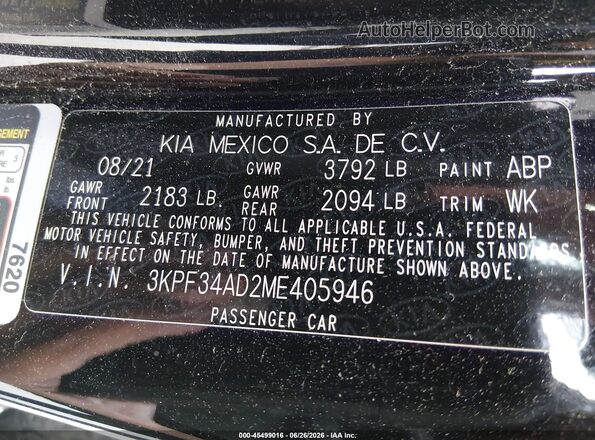 3KPF34AD2ME405946 2021 KIA FORTE Black Vista del compartimento del motor