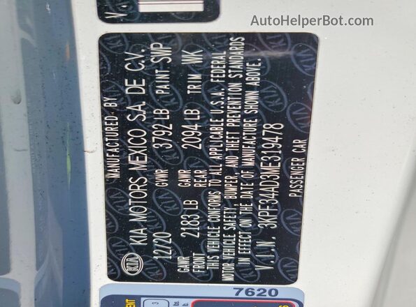 3KPF34AD3ME319478 2021 KIA FORTE White 