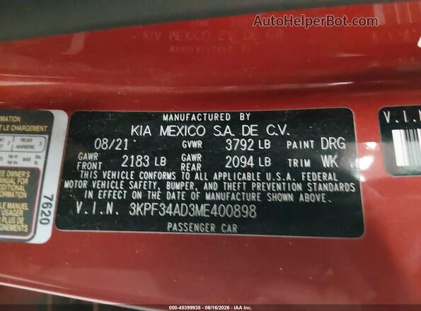 3KPF34AD3ME400898 2021 KIA FORTE Orange Вид підкапотного простору