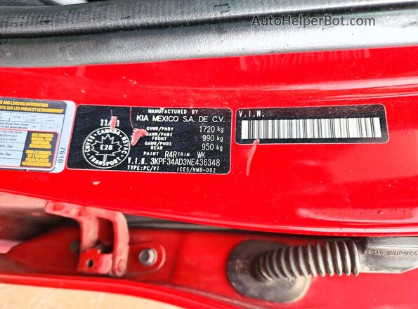 3KPF34AD3NE436348 2022 KIA FORTE Red VIN sticker view