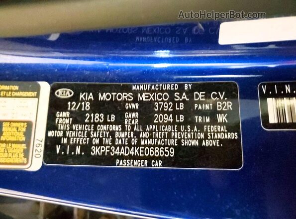 3KPF34AD4KE068659 2019 KIA FORTE Blue 