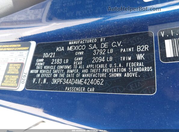 3KPF34AD4ME424062 2021 KIA FORTE Blue Вид підкапотного простору