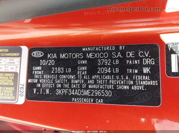 3KPF34AD5ME296530 2021 KIA FORTE Orange Շարժիչի բաժամունքի տեսք
