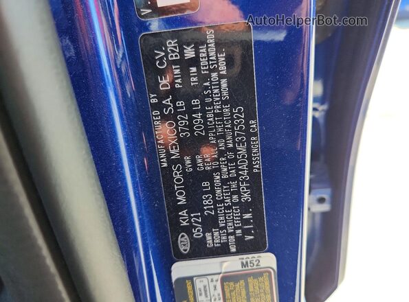 3KPF34AD5ME375325 2021 KIA FORTE Blue VIN sticker view