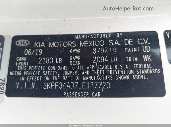 3KPF34AD7LE137720 2020 KIA FORTE Белый Вид подкапотного пространства