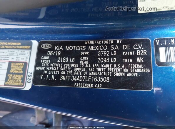 3KPF34AD7LE163508 2020 KIA FORTE Blue Вид підкапотного простору