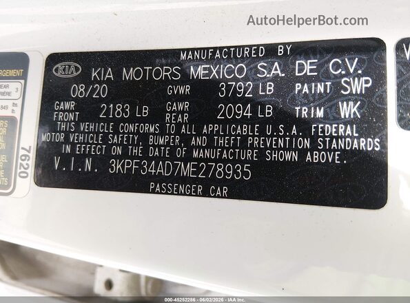 3KPF34AD7ME278935 2021 KIA FORTE White Вид підкапотного простору