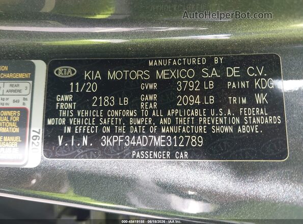 3KPF34AD7ME312789 2021 KIA FORTE Gray ძრავის განყოფილების ხედი