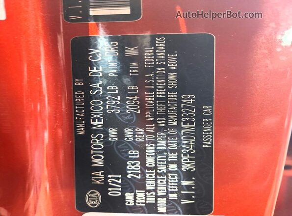 3KPF34AD7ME332749 2021 KIA FORTE Orange VIN კოდის სტიკერის ხედი