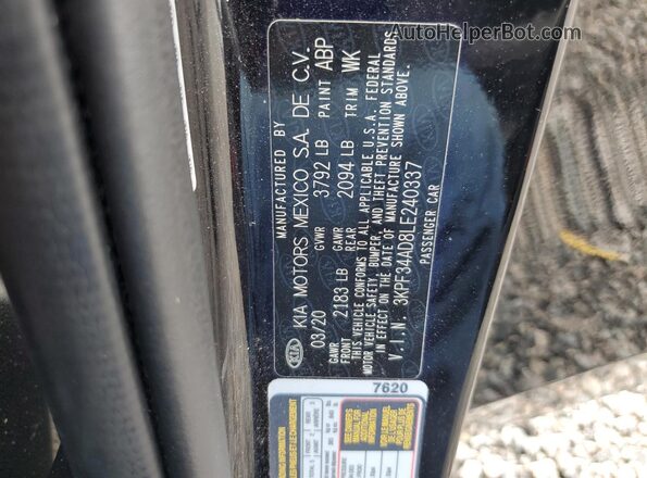 3KPF34AD8LE240337 2020 KIA FORTE Черный Вид подкапотного пространства