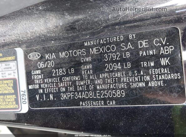 3KPF34AD8LE250589 2020 KIA FORTE Black Widok komory silnika