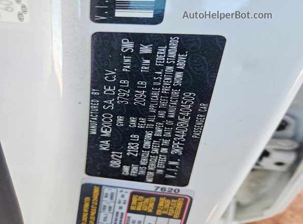 3KPF34AD8ME404509 2021 KIA FORTE White 