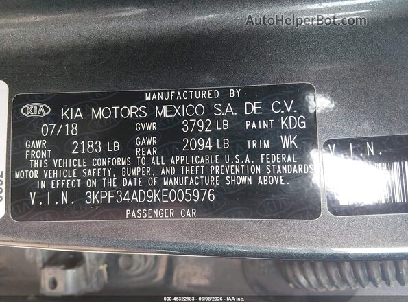 3KPF34AD9KE005976 2019 KIA FORTE Gray Вид підкапотного простору