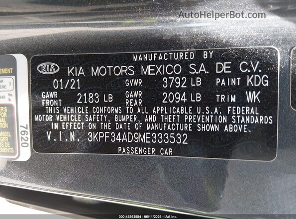 3KPF34AD9ME333532 2021 KIA FORTE Gray Vista del compartimento del motor
