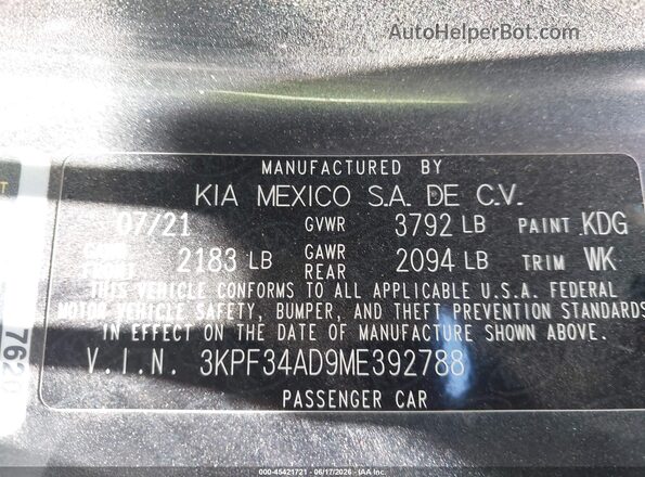 3KPF34AD9ME392788 2021 KIA FORTE Gray 