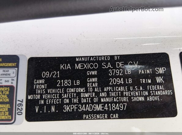 3KPF34AD9ME418497 2021 KIA FORTE White Շարժիչի բաժամունքի տեսք