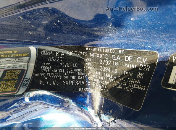 3KPF34ADXLE248973 2020 KIA FORTE Blue ძრავის განყოფილების ხედი