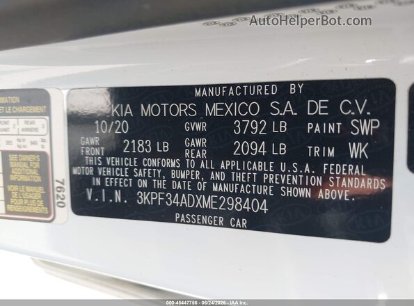 3KPF34ADXME298404 2021 KIA FORTE White Widok komory silnika