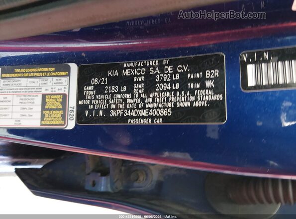 3KPF34ADXME400865 2021 KIA FORTE Blue Vista del compartimento del motor