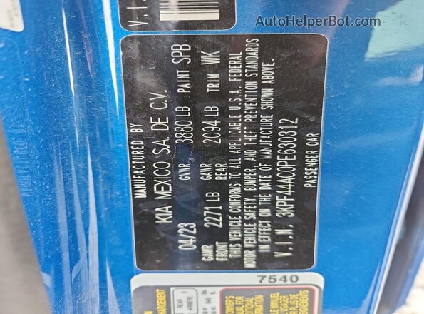3KPF44AC0PE630312 2023 KIA FORTE Blue VIN sticker view