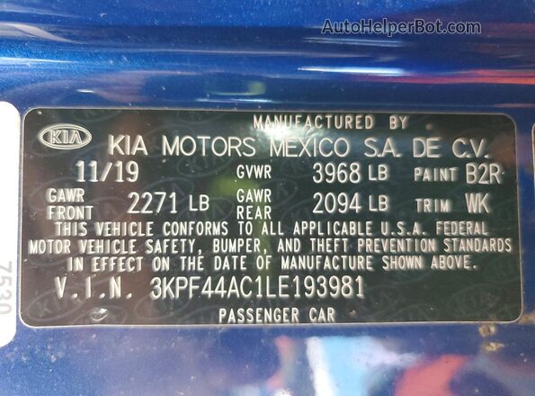 3KPF44AC1LE193981 2020 KIA FORTE Blue Vista de la etiqueta del VIN