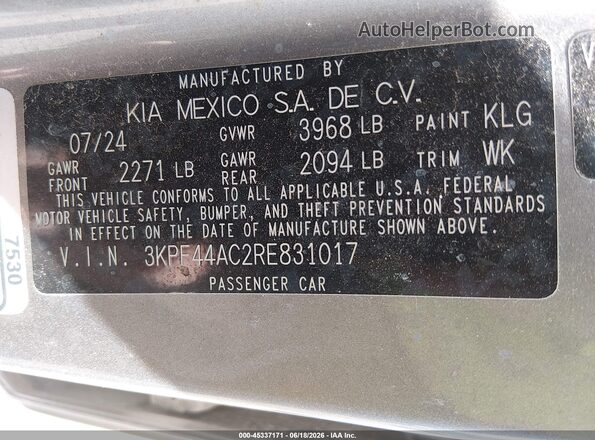 3KPF44AC2RE831017 2024 KIA FORTE Серебряный Вид подкапотного пространства
