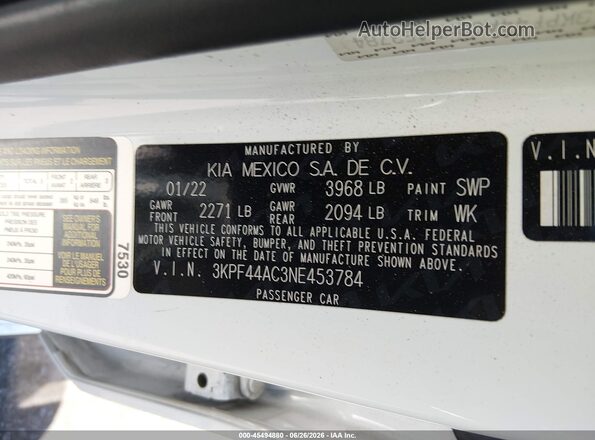 3KPF44AC3NE453784 2022 KIA FORTE White Engine compartment view