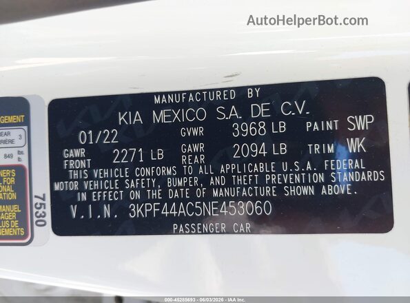 3KPF44AC5NE453060 2022 KIA FORTE White Вид підкапотного простору