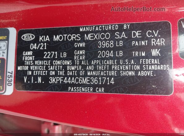 3KPF44AC6ME361714 2021 KIA FORTE Red Widok komory silnika