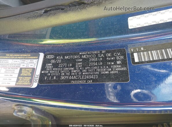 3KPF44AC7LE249423 2020 KIA FORTE Blue Вид підкапотного простору