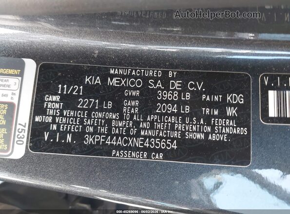 3KPF44ACXNE435654 2022 KIA FORTE Gray Vista del compartimento del motor