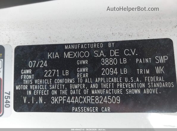 3KPF44ACXRE824509 2024 KIA FORTE White Շարժիչի բաժամունքի տեսք