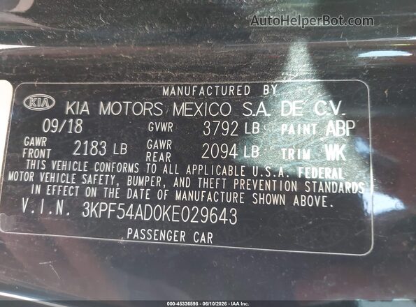 3KPF54AD0KE029643 2019 KIA FORTE Black Вид підкапотного простору