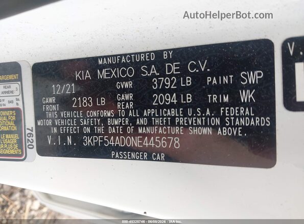 3KPF54AD0NE445678 2022 KIA FORTE White Շարժիչի բաժամունքի տեսք