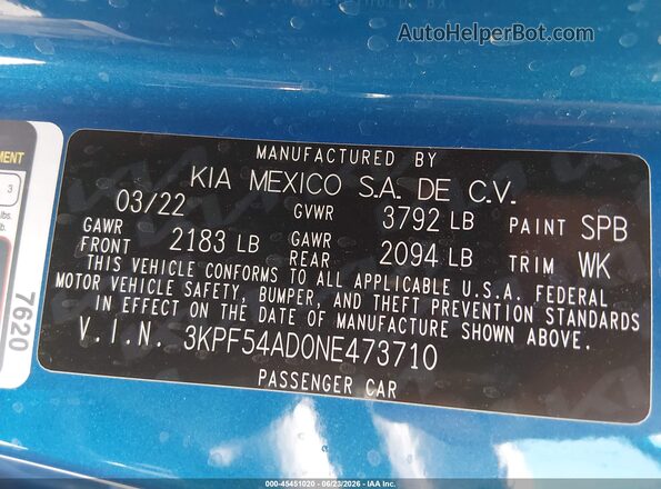 3KPF54AD0NE473710 2022 KIA FORTE Синий Вид подкапотного пространства
