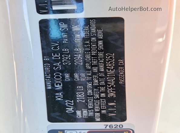 3KPF54AD1NE485252 2022 KIA FORTE White VIN կոդի պիտակի տեսք