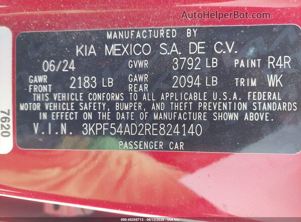 3KPF54AD2RE824140 2024 KIA FORTE Бордовый Вид подкапотного пространства